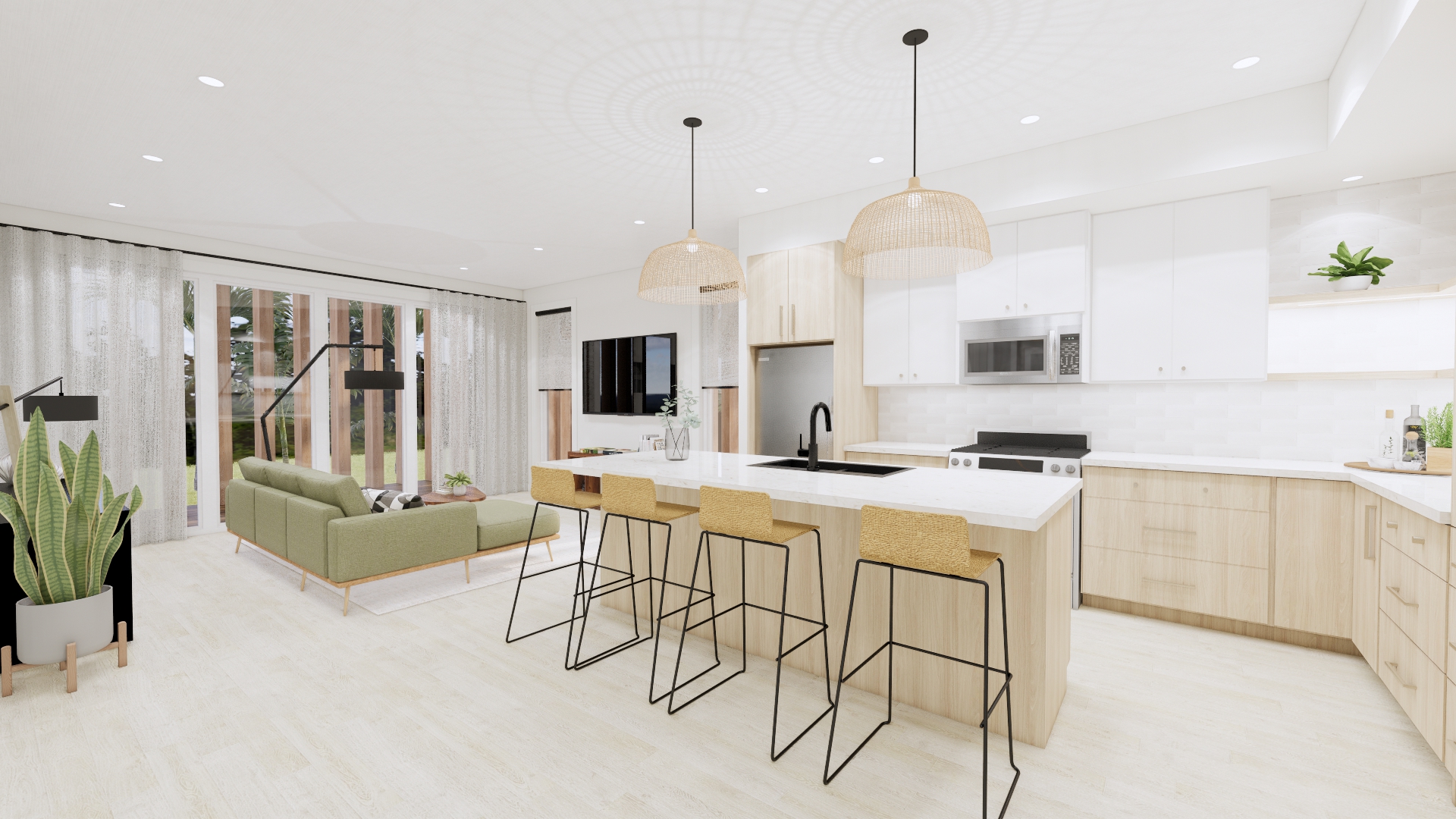 Andros open-plan kitchen and living room with sage green furniture